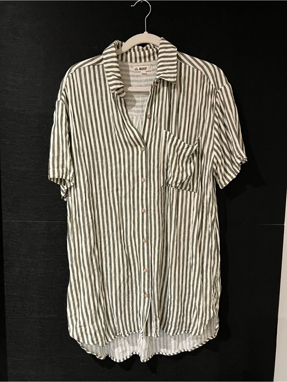 Reef Women’s Short Sleeve Stripe Button-Down Shirt Dress - Olive Green & White